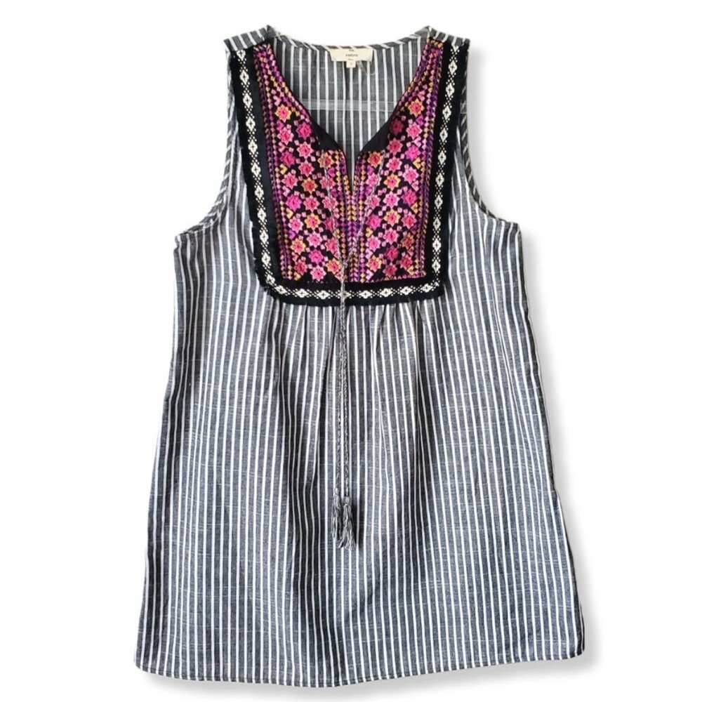 Cotton Striped Sleeveless Dress with Pink Embroidery